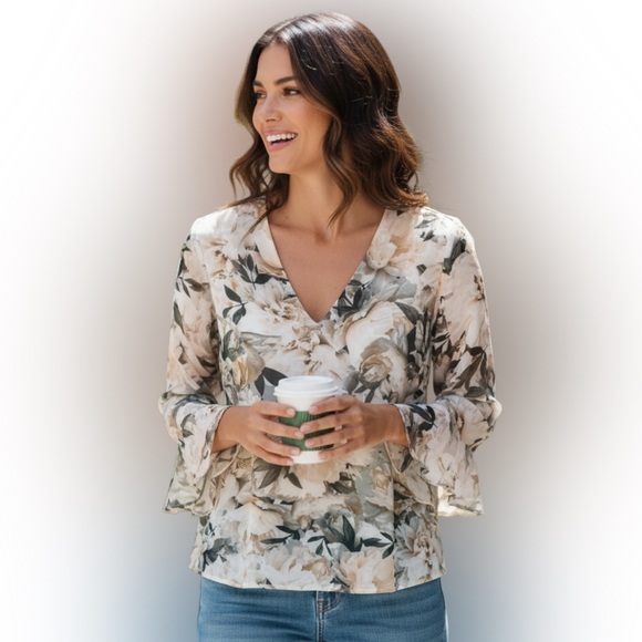 Calvin Klein Tops - Calvin Klein Beige Floral V-Neck Blouse